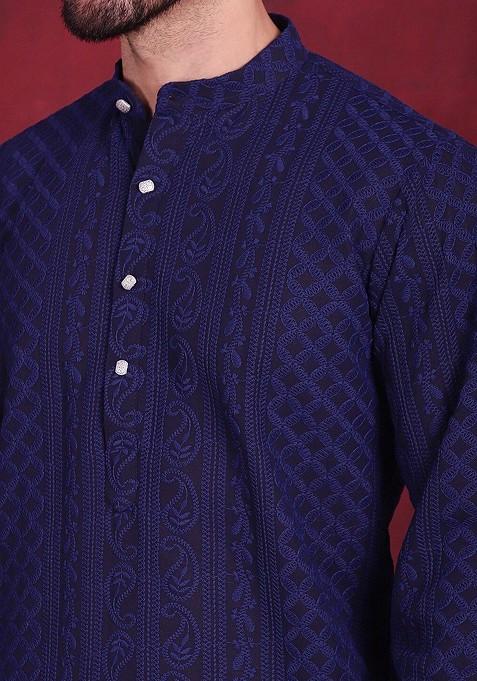 Navy Blue Embroidered Poly Blend Kurta Set For Men