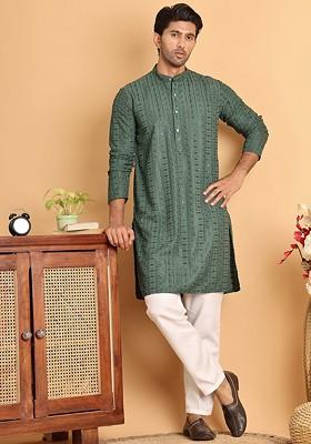 Sea Green Embroidered Poly Blend Kurta Set For Men