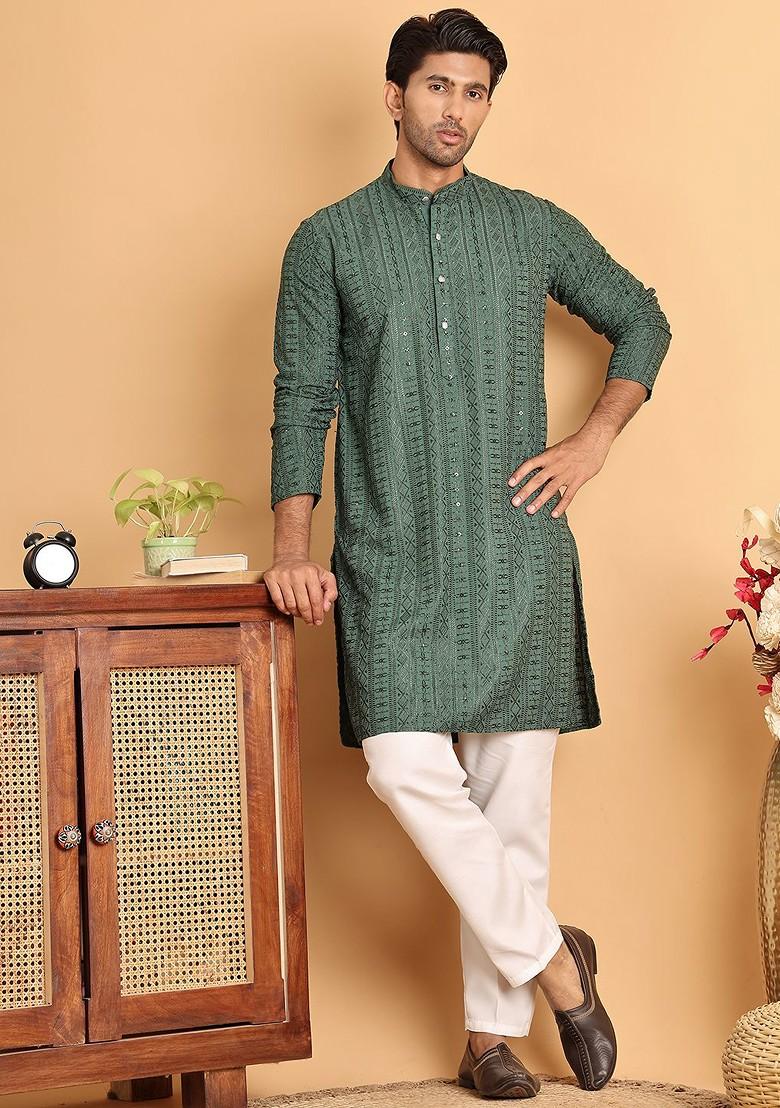 Sea Green Embroidered Poly Blend Kurta Set For Men