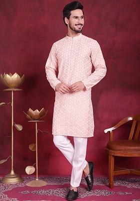 Pink Embroidered Poly Blend Kurta Set For Men