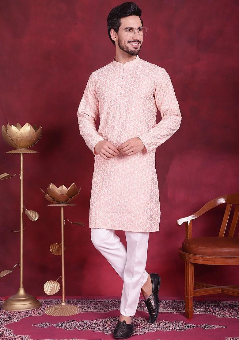 Pink Embroidered Poly Blend Kurta Set For Men