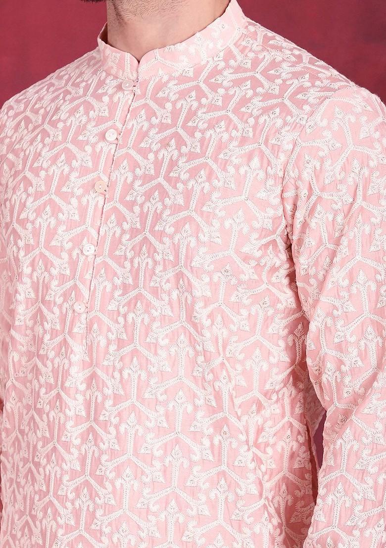 Pink Embroidered Poly Blend Kurta Set For Men