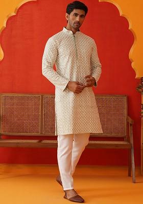Green Embroidered Poly Blend Kurta Set For Men