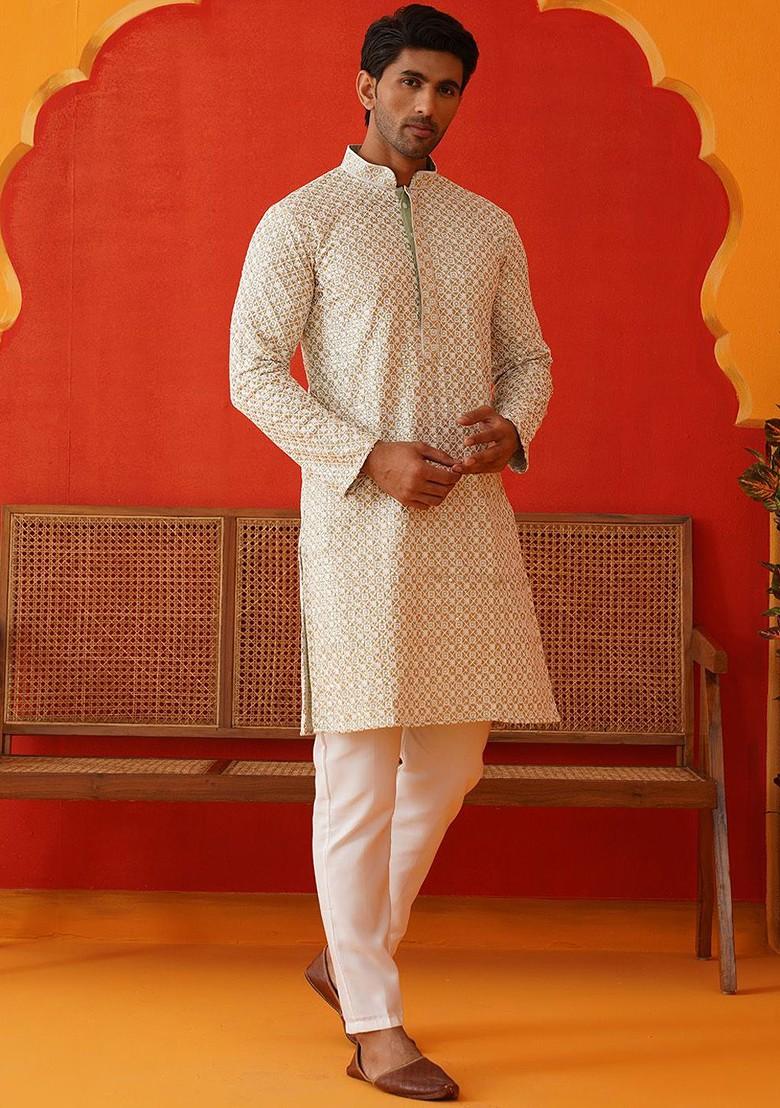 Green Embroidered Poly Blend Kurta Set For Men