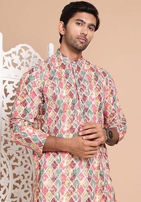 Beige Printed Poly Blend Kurta Set For Men