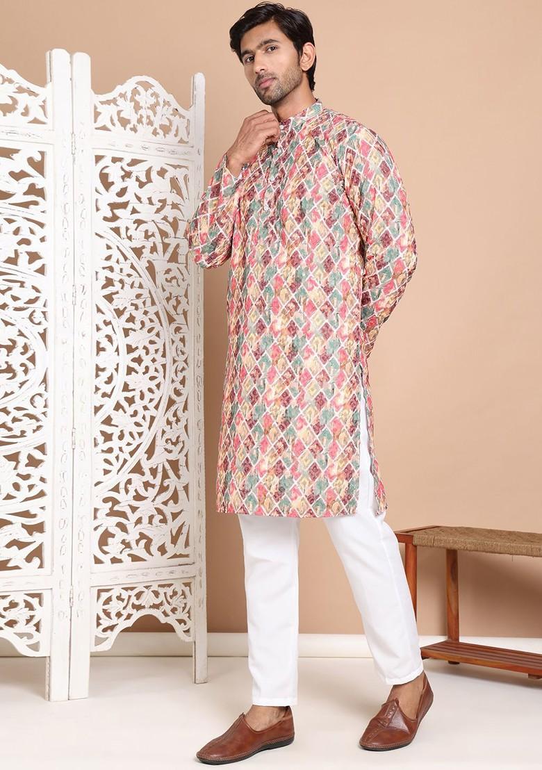 Beige Printed Poly Blend Kurta Set For Men