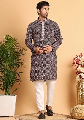 Peach Embroidered Poly Blend Kurta Set For Men