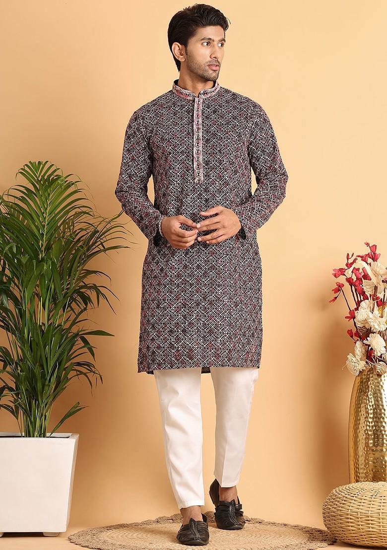 Peach Embroidered Poly Blend Kurta Set For Men