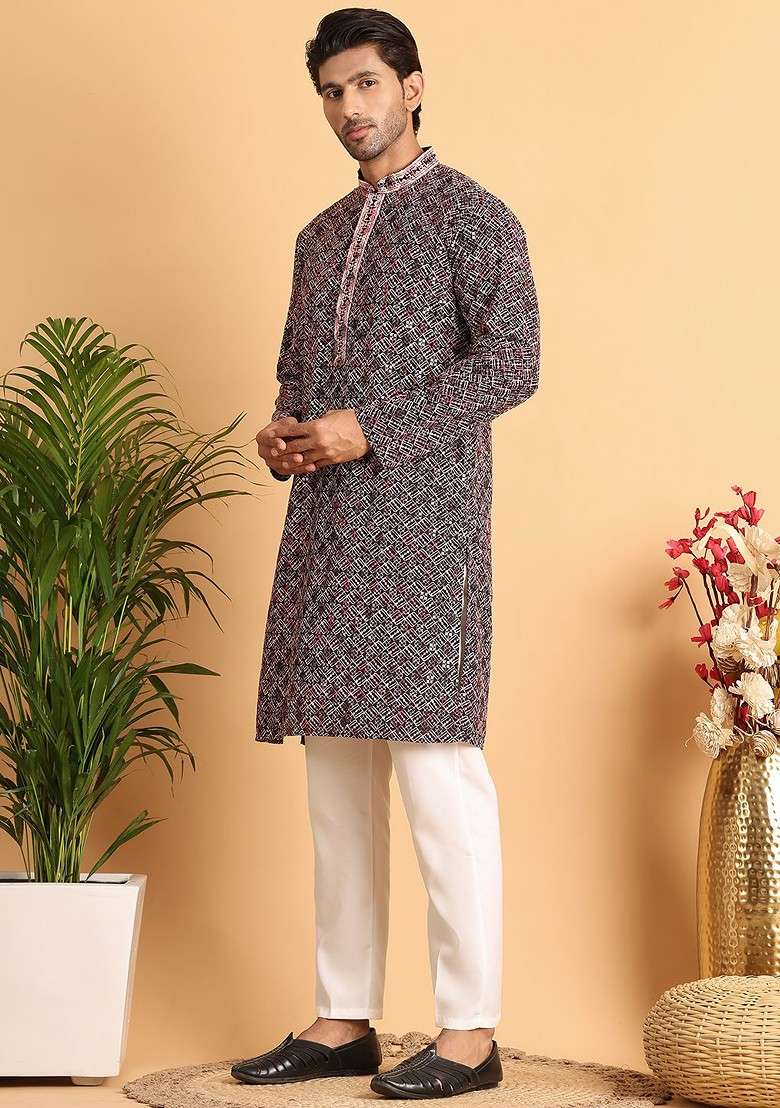 Peach Embroidered Poly Blend Kurta Set For Men - Indya