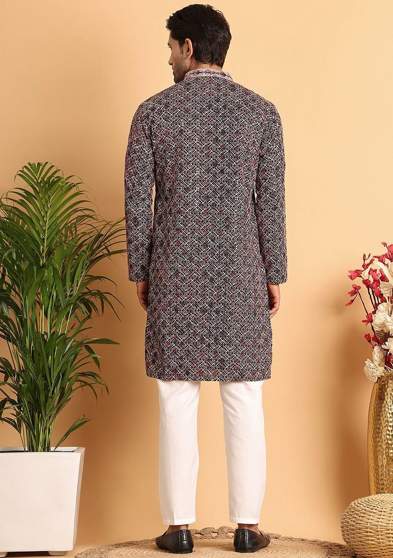 Peach Embroidered Poly Blend Kurta Set For Men