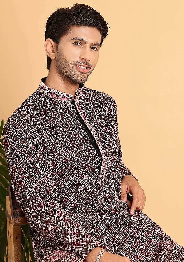 Peach Embroidered Poly Blend Kurta Set For Men - Indya