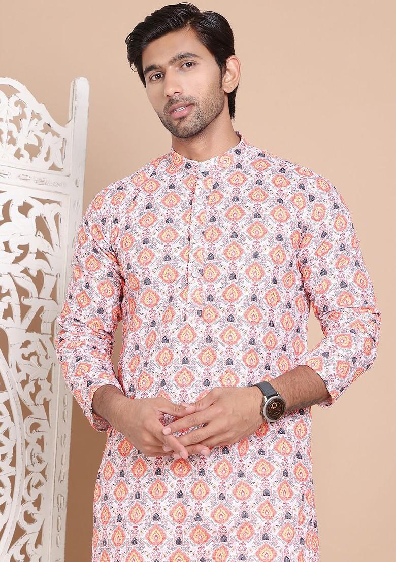 Peach Printed Poly Blend Kurta Set For Men