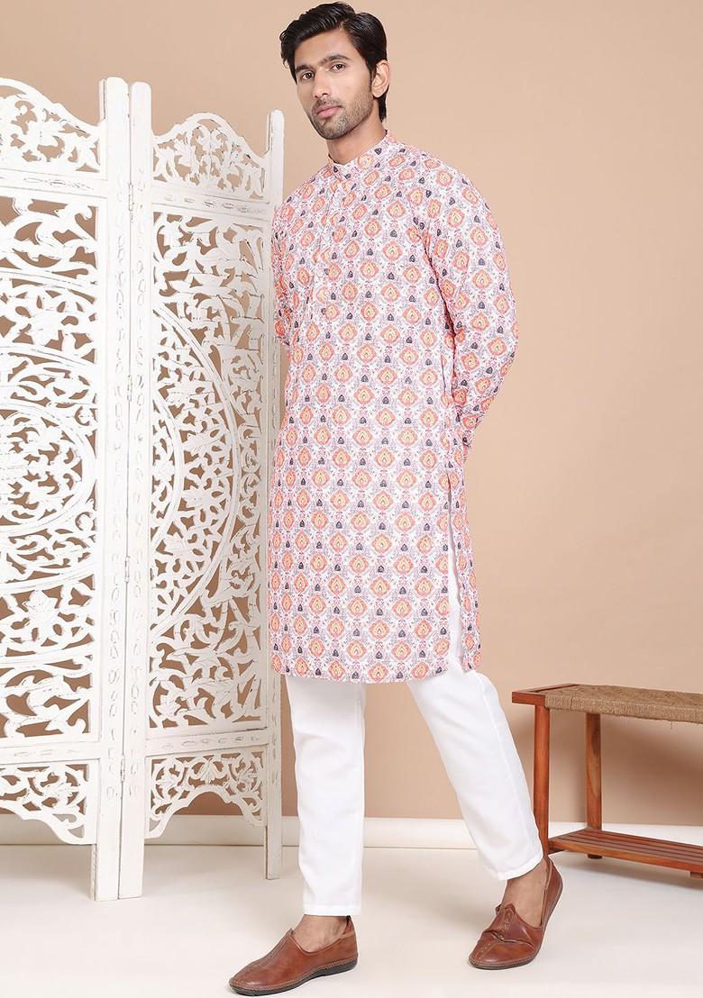 Peach Printed Poly Blend Kurta Set For Men