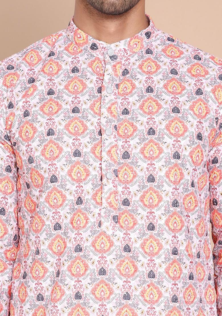 Peach Printed Poly Blend Kurta Set For Men