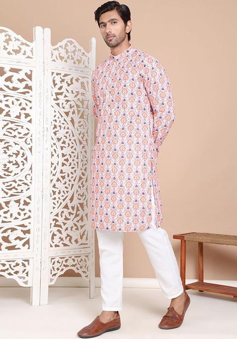 Peach Printed Poly Blend Kurta Set For Men