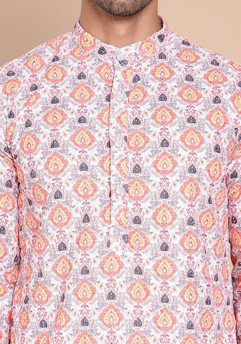 Peach Printed Poly Blend Kurta Set For Men