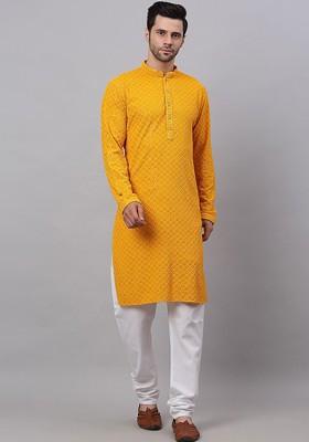 Mustard Yellow Embroidered Poly Blend Kurta Set For Men
