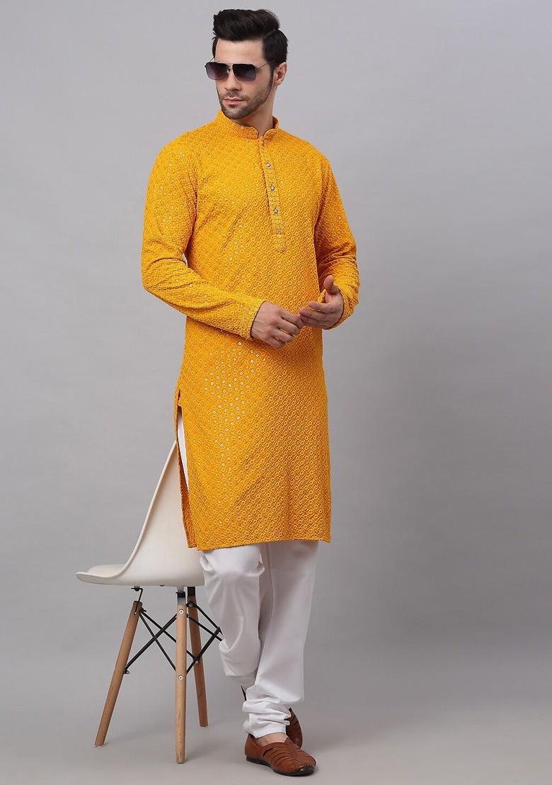 Mustard Yellow Embroidered Poly Blend Kurta Set For Men