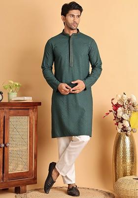 Sea Green Embroidered Poly Blend Kurta Set For Men
