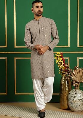 Grey Embroidered Poly Blend Kurta Set For Men
