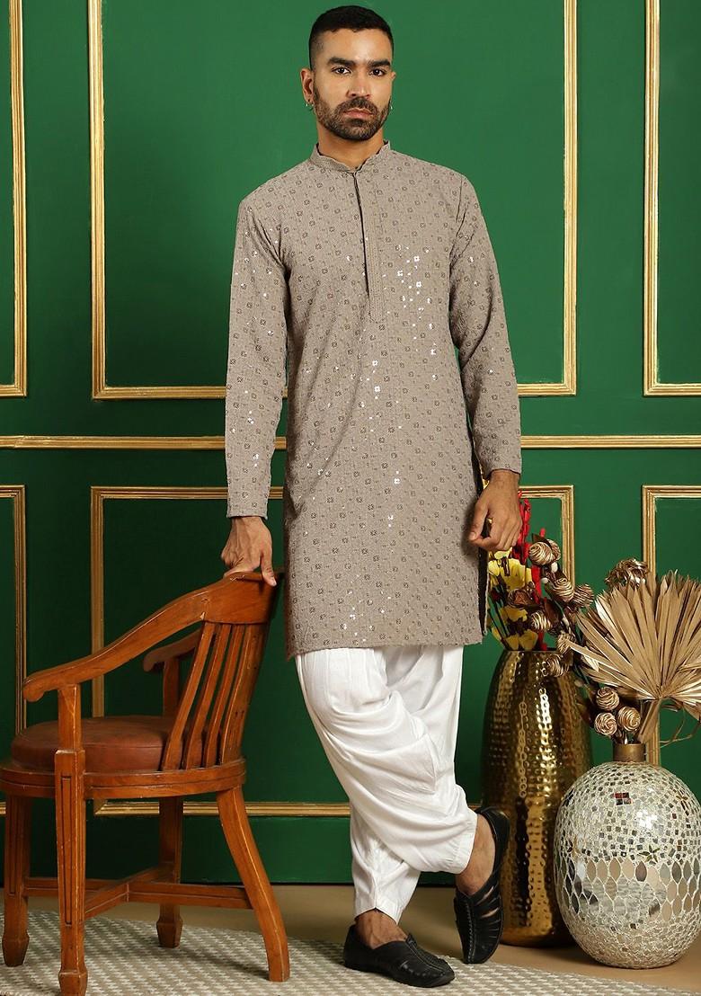 Grey Embroidered Poly Blend Kurta Set For Men
