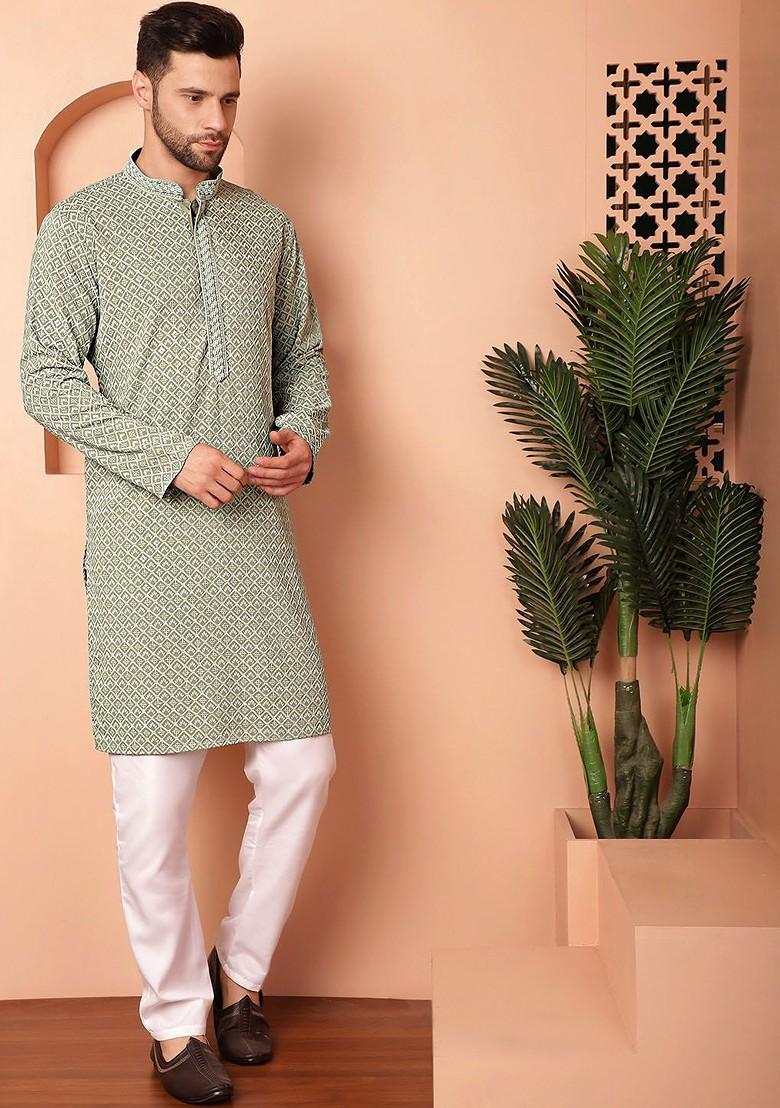 Green Embroidered Poly Blend Kurta Set For Men
