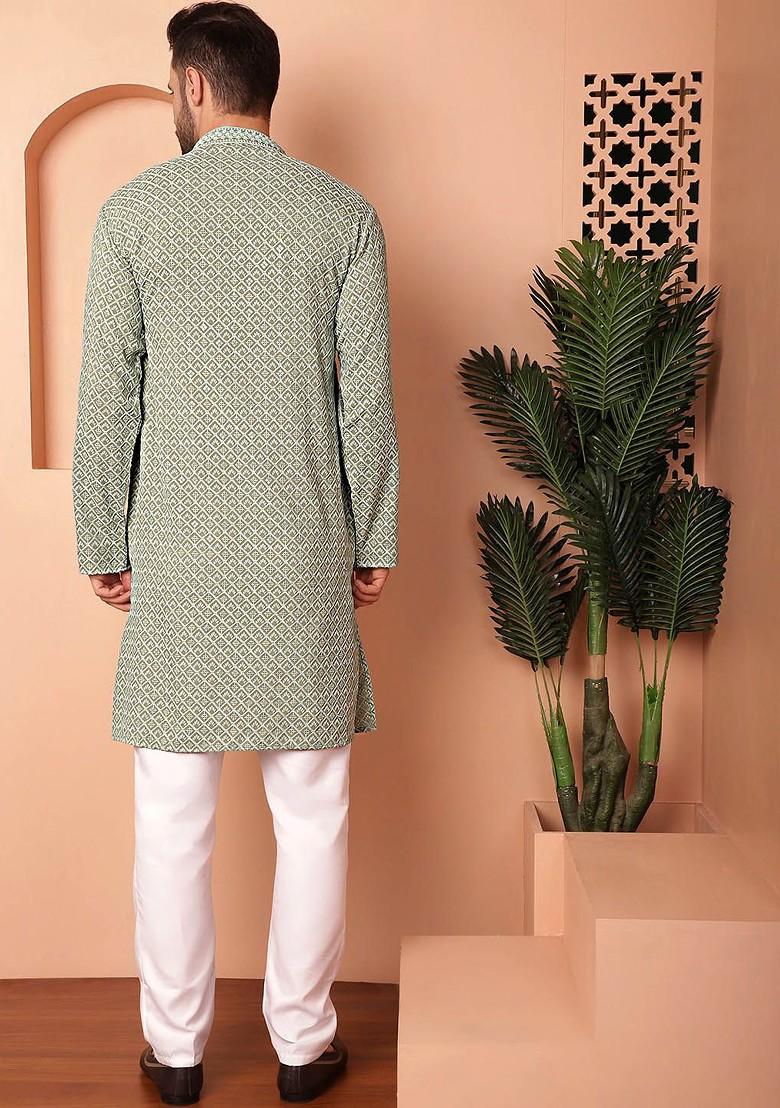 Green Embroidered Poly Blend Kurta Set For Men