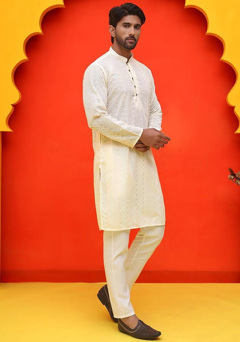 Cream Embroidered Poly Blend Kurta Set For Men