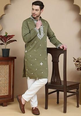 Olive Embroidered Poly Blend Kurta Set For Men