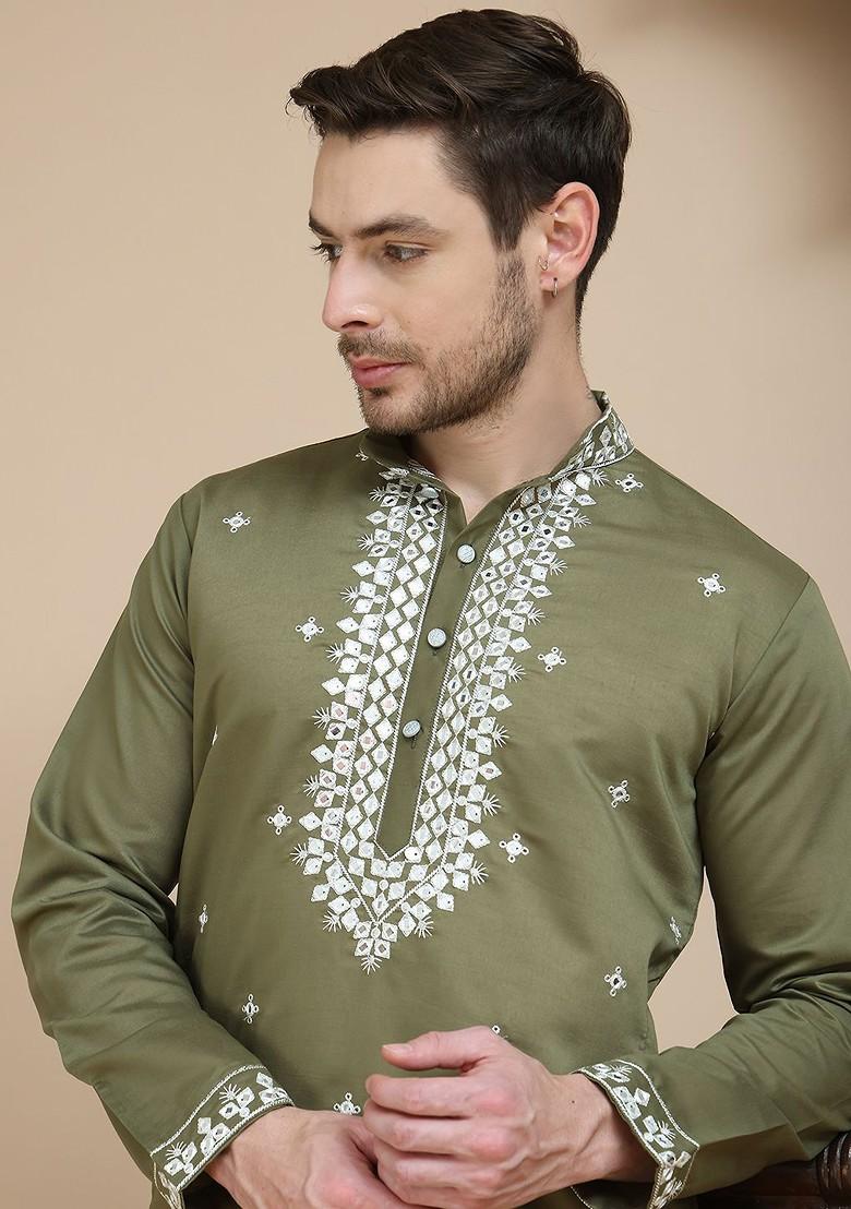 Olive Embroidered Poly Blend Kurta Set For Men