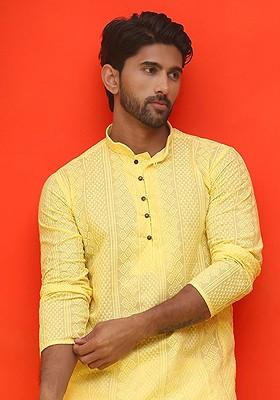 Yellow Embroidered Poly Blend Kurta Set For Men