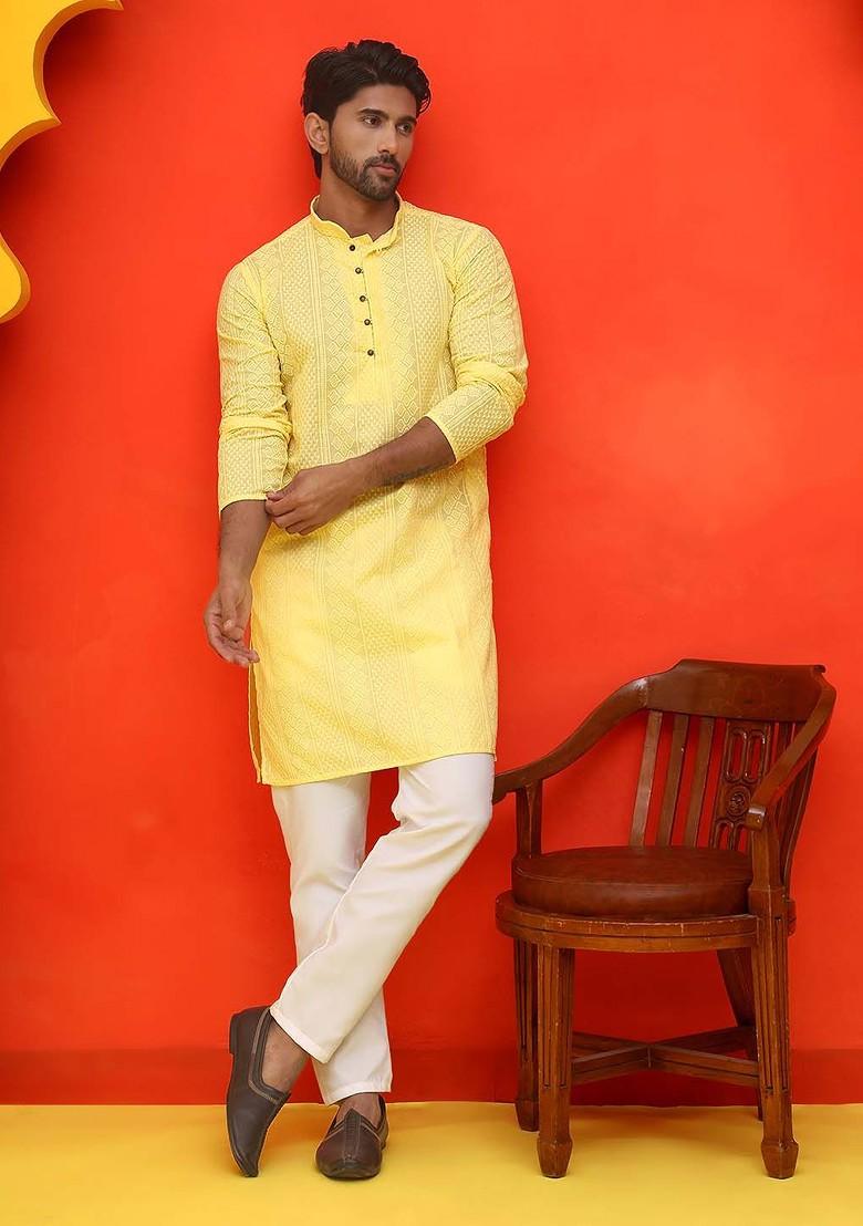 Yellow Embroidered Poly Blend Kurta Set For Men