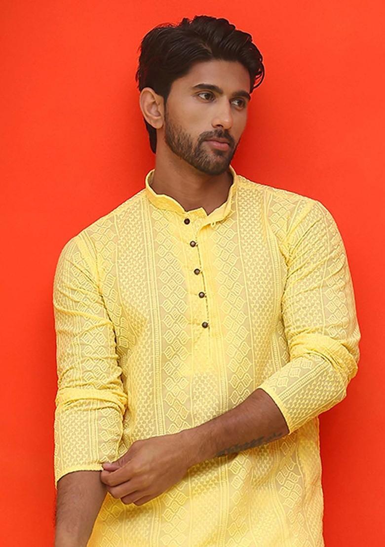 Yellow Embroidered Poly Blend Kurta Set For Men