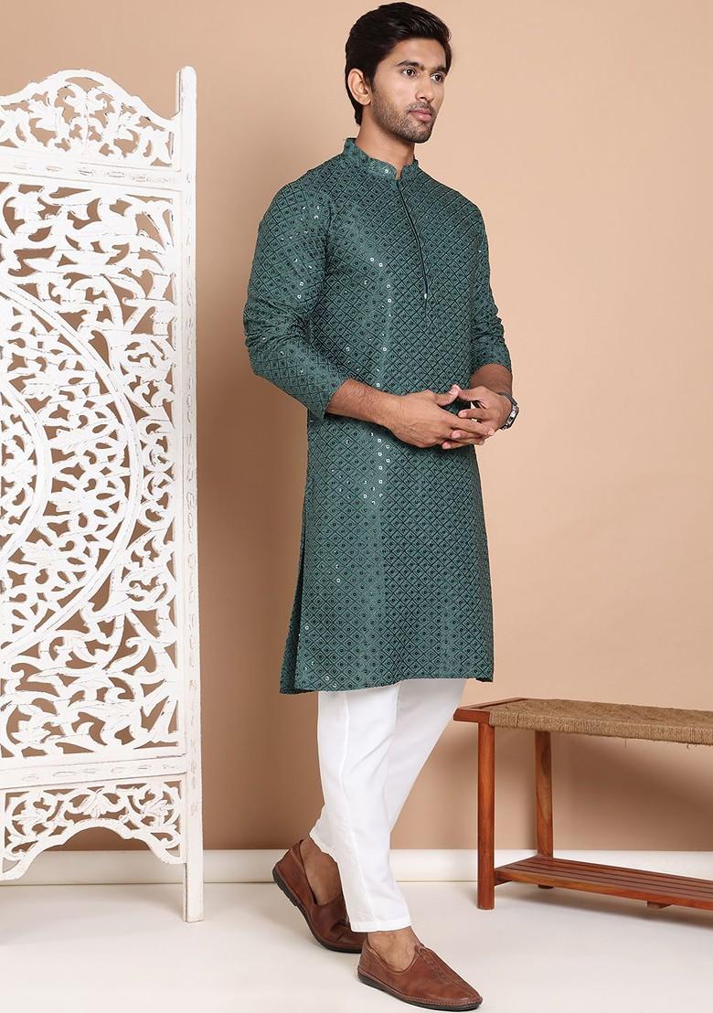 Olive Embroidered Poly Blend Kurta Set For Men