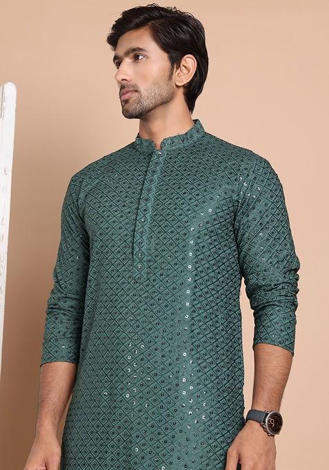 Olive Embroidered Poly Blend Kurta Set For Men