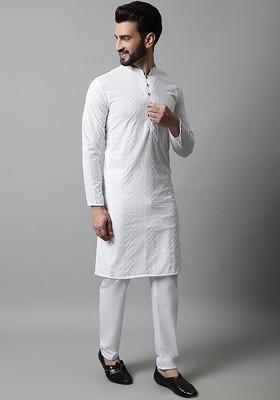 White Embroidered Poly Blend Kurta Set For Men