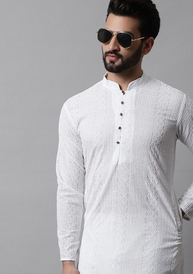 White Embroidered Poly Blend Kurta Set For Men
