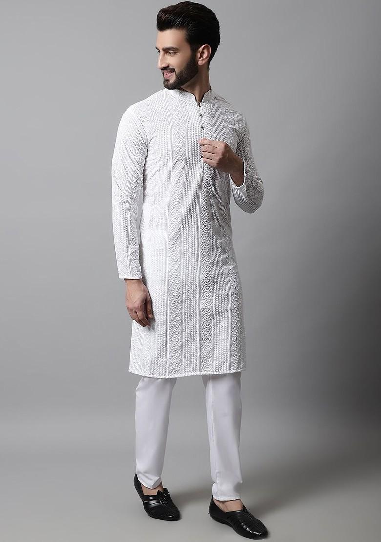White Embroidered Poly Blend Kurta Set For Men