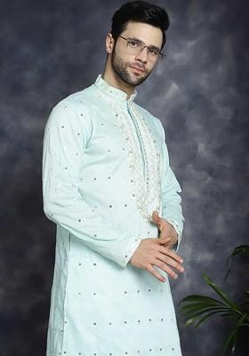 Turquoise Blue Embroidered Poly Blend Kurta Set For Men