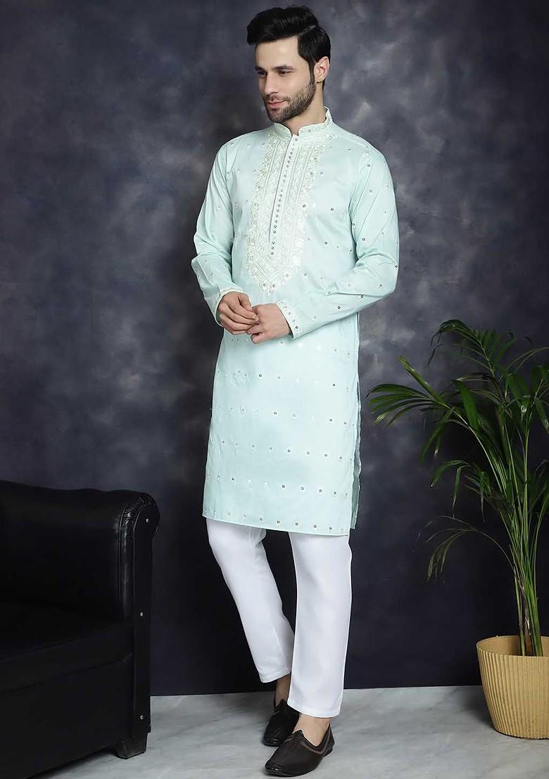 Turquoise Blue Embroidered Poly Blend Kurta Set For Men
