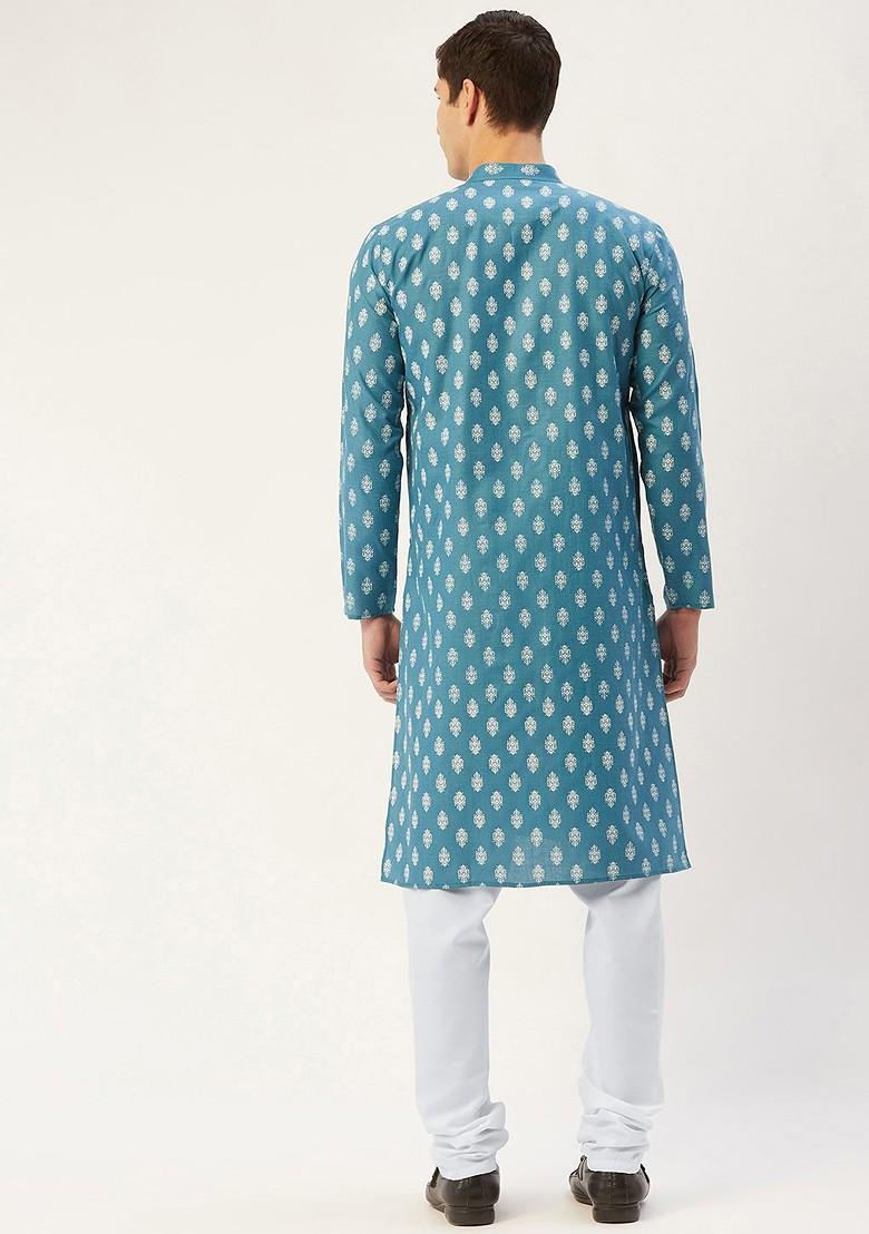 Teal Blue Printed Poly Blend Kurta Set For Men