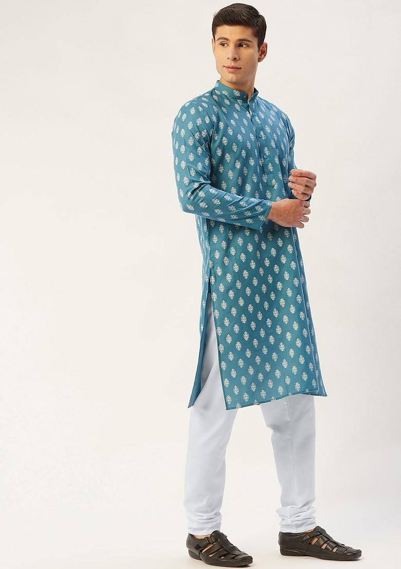 Teal Blue Printed Poly Blend Kurta Set For Men