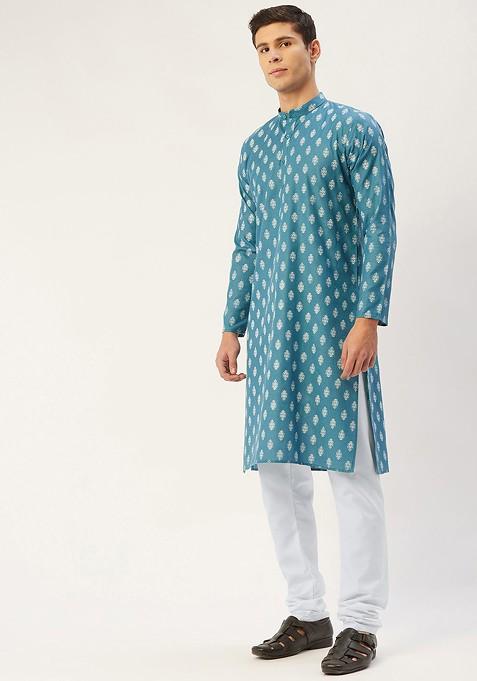 Teal Blue Printed Poly Blend Kurta Set For Men