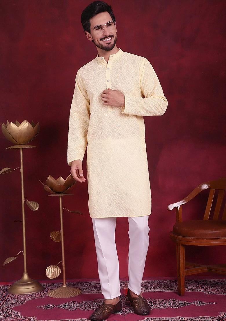 Yellow Embroidered Poly Blend Kurta Set For Men