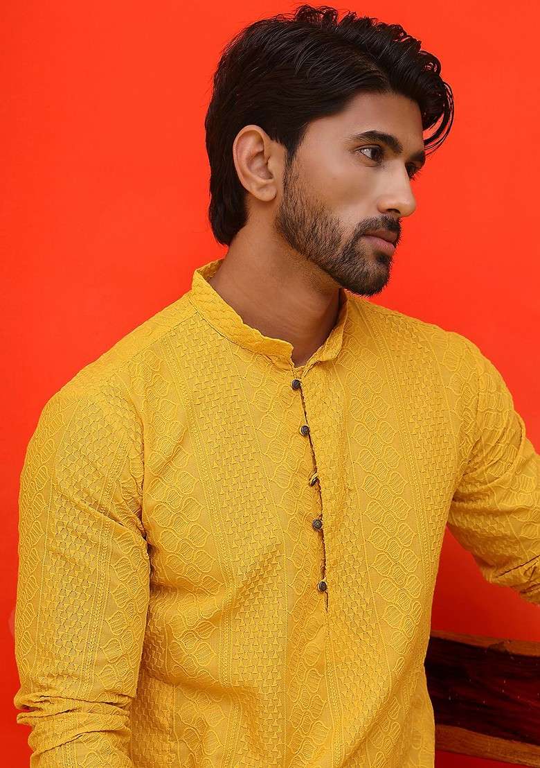 Mustard Yellow Embroidered Poly Blend Kurta Set For Men - Indya