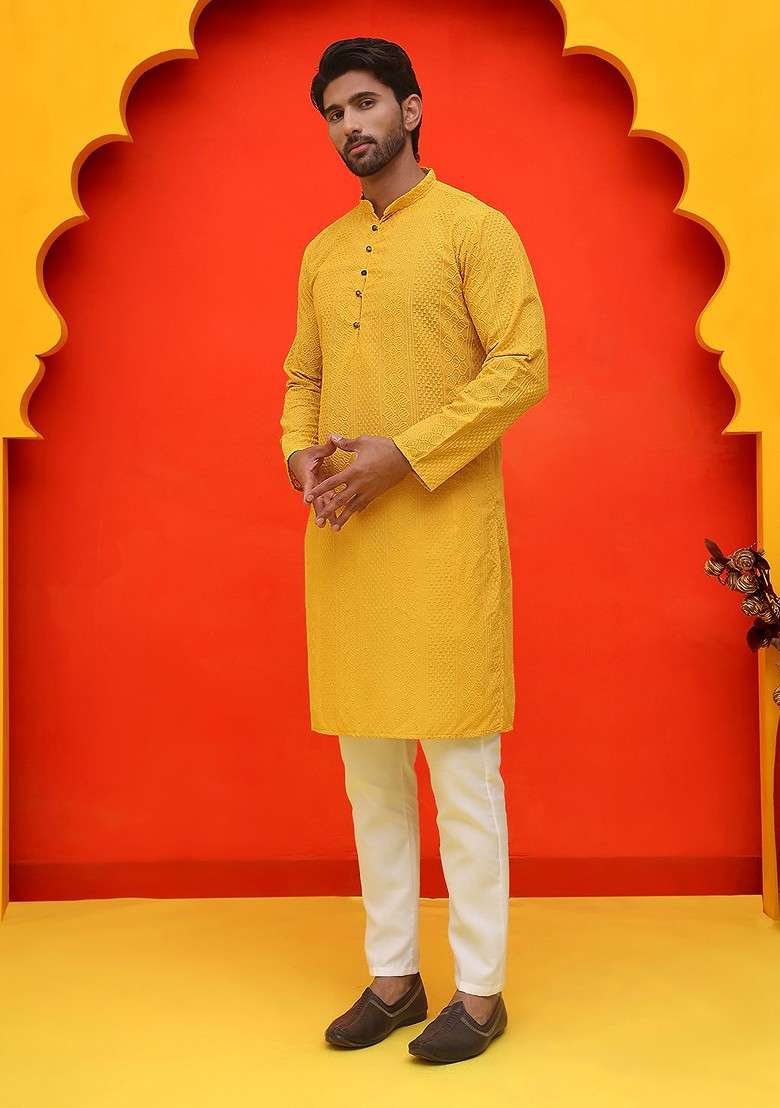 Mustard Yellow Embroidered Poly Blend Kurta Set For Men - Indya