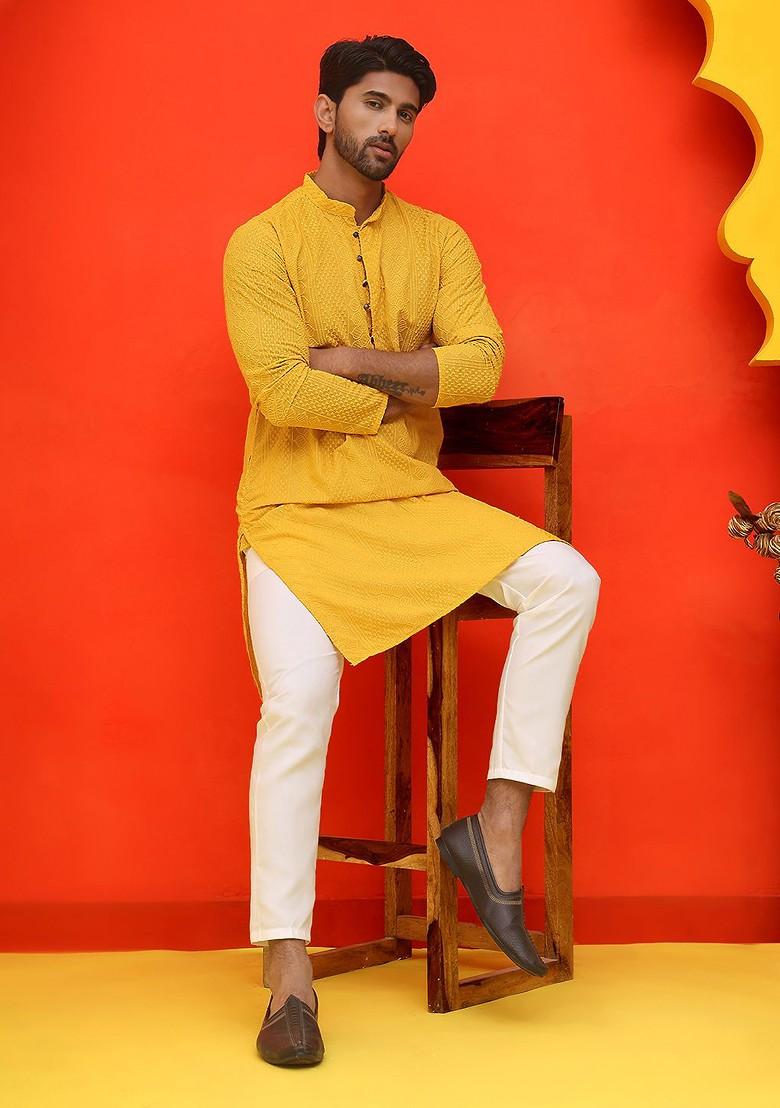 Mustard Yellow Embroidered Poly Blend Kurta Set For Men
