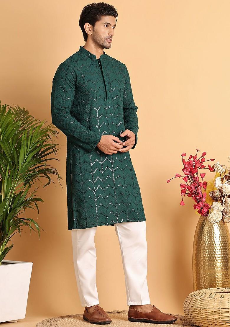 Olive Embroidered Poly Blend Kurta Set For Men