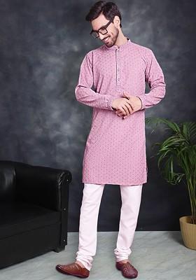 Purple Embroidered Poly Blend Kurta Set For Men
