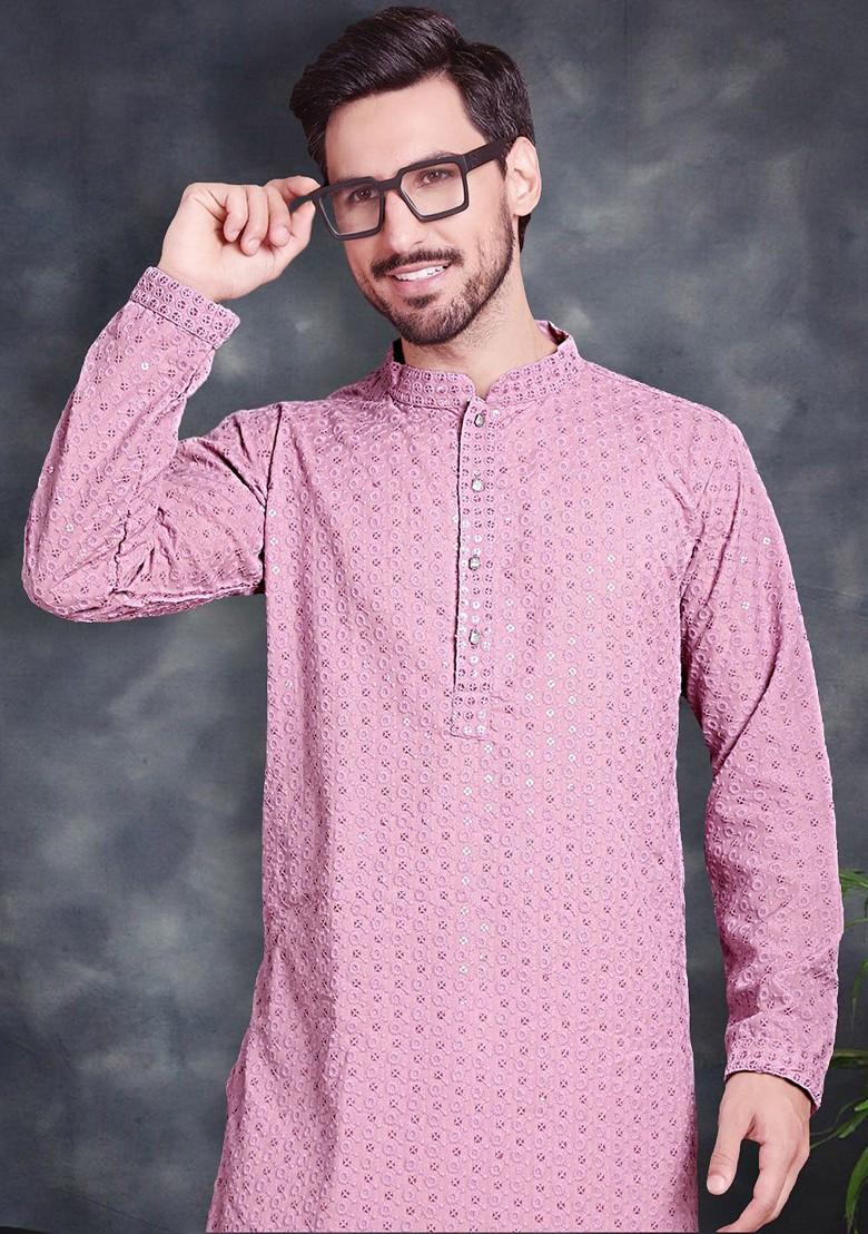 Purple Embroidered Poly Blend Kurta Set For Men